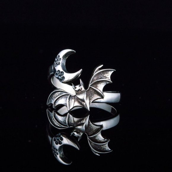 Bat & Crescent Moon Silver Adjustable Open Ring - Picture 4 of 8